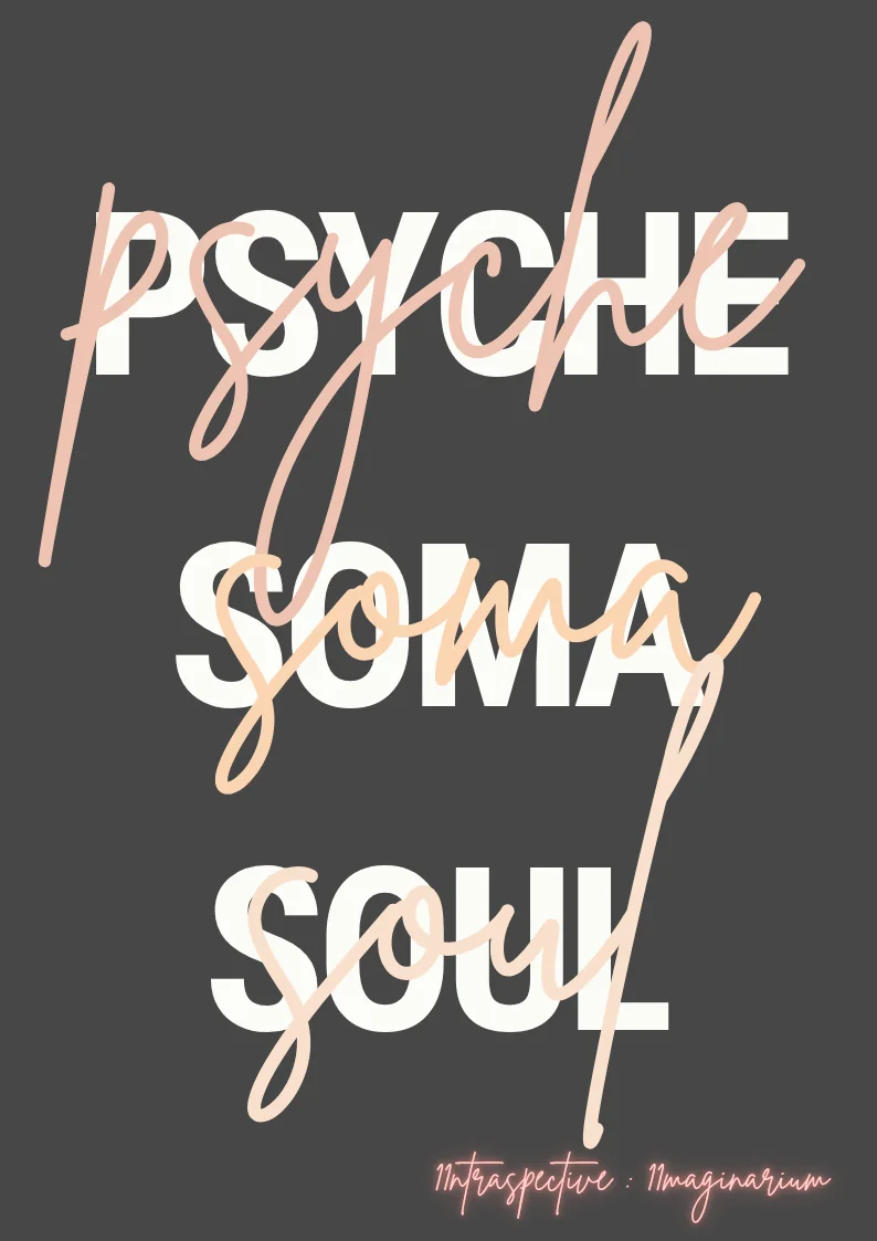 A design displaying the words “psyche”, “soma”, and “soul” in large white block letters, overlaid in pink cursive. With text at the bottom reading “Intraspective : Imaginarium” in pink cursive.